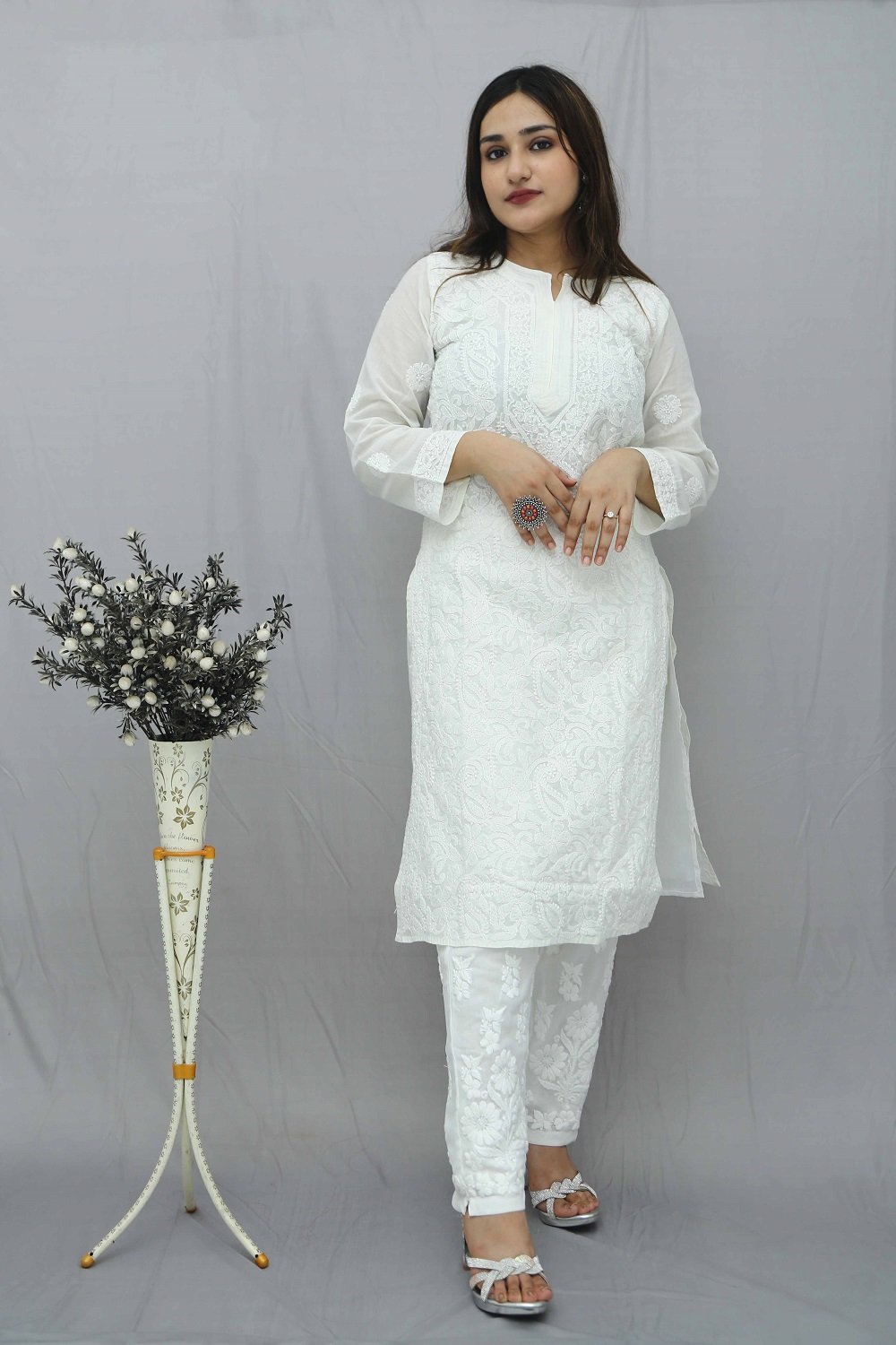 Hand Embroidered Lucknowi Chikan White Georgette Kurti and Pant  EbaChikan