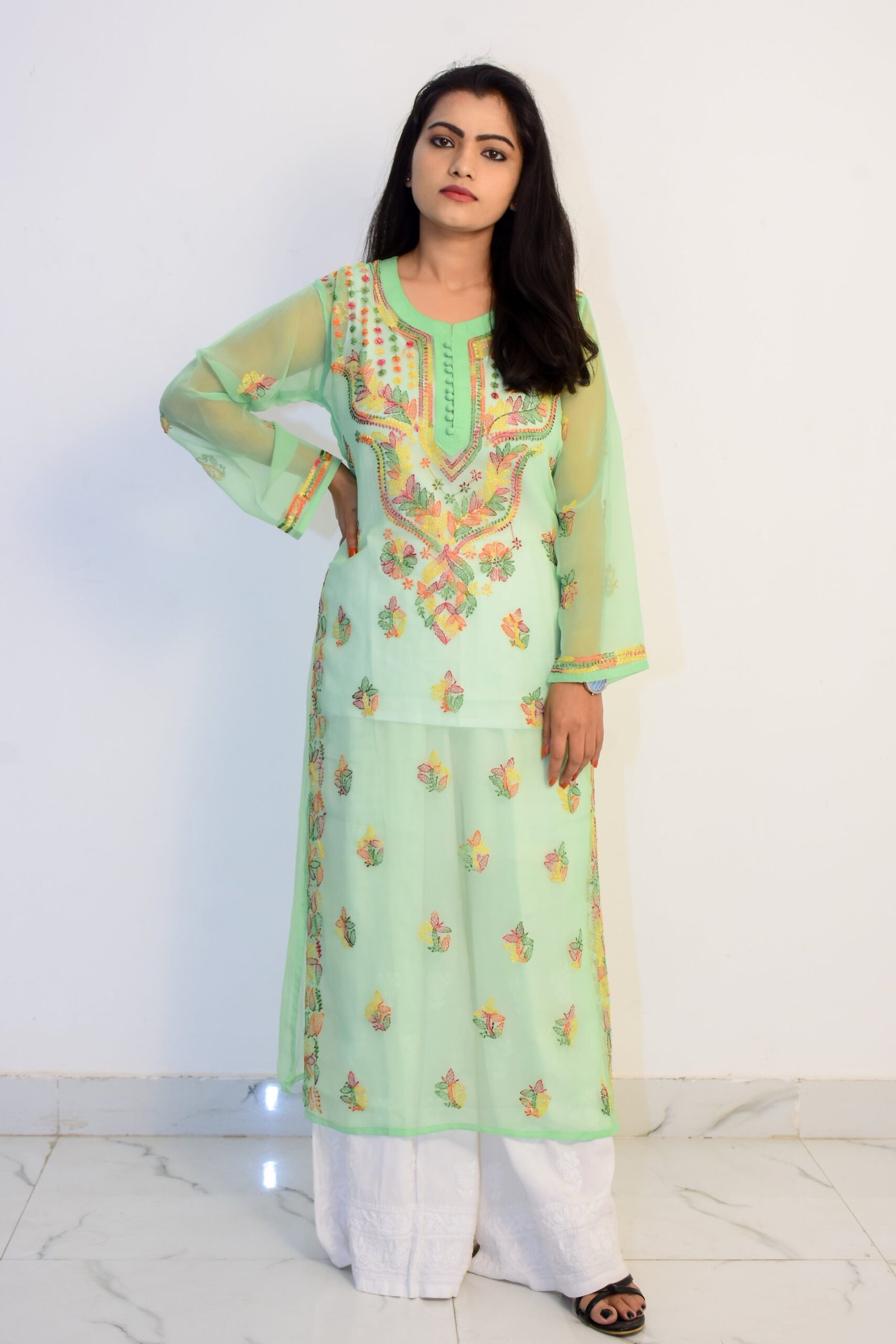 Buy Firozi Pure Cotton Festival Wear Chikan Work Kurti With Palazzo Online  From Wholesale Salwar.