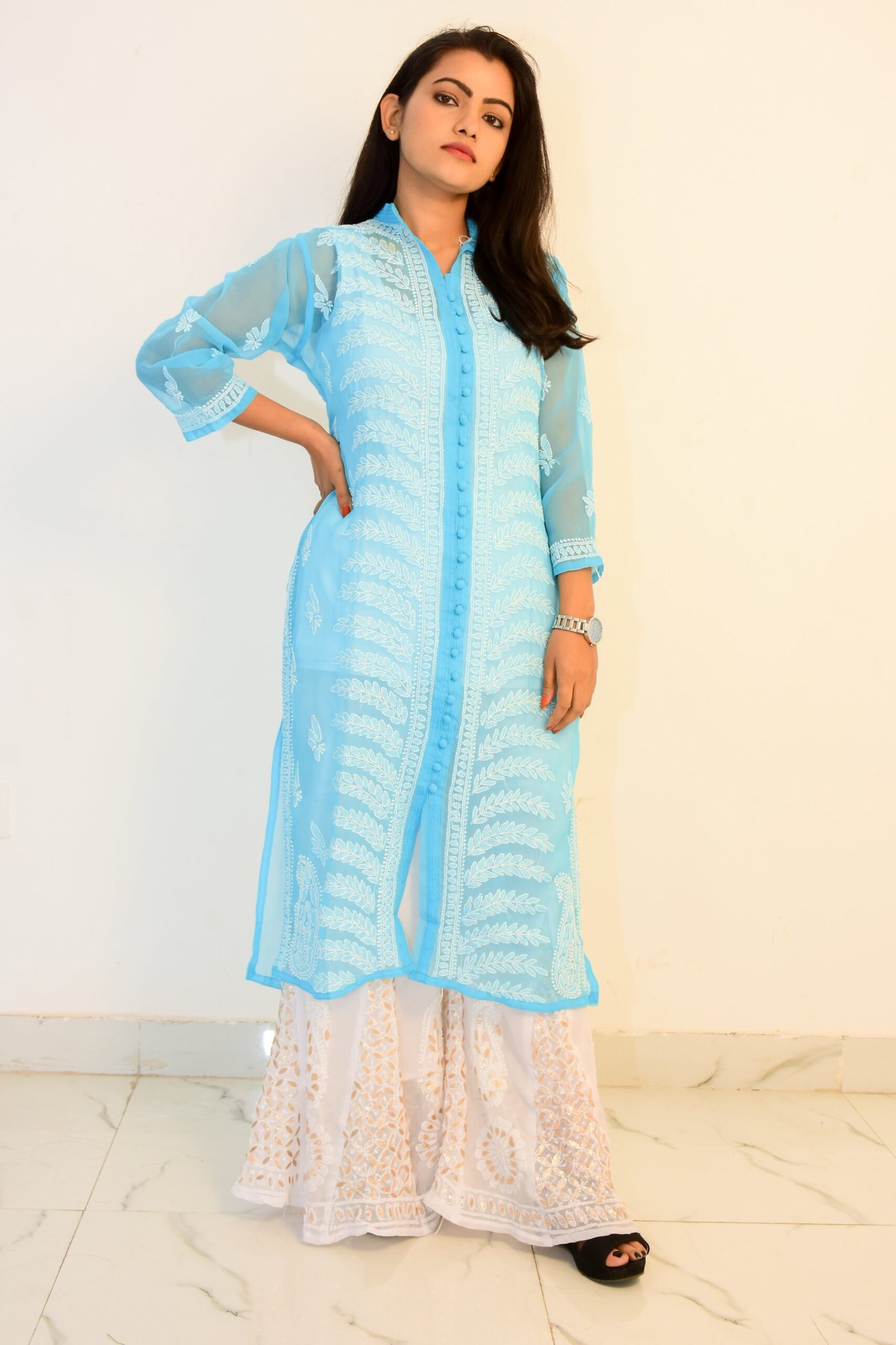 Shades Salwar Suits and Sets  Buy Shades Blue Printed A Line Kurti With  Net Border And Palazzo Set of 2 Online  Nykaa Fashion